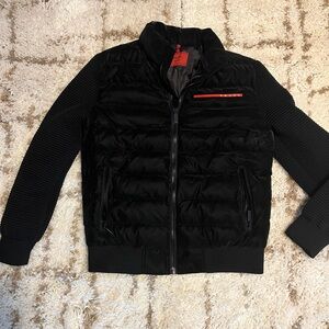 Prada Linea Rossa Black Puffer Jacket with tightknit sleeves Red Accents